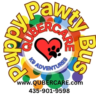 A logo for puppy pawty bus, with the words puppy pawty bus and an image of a paw print.