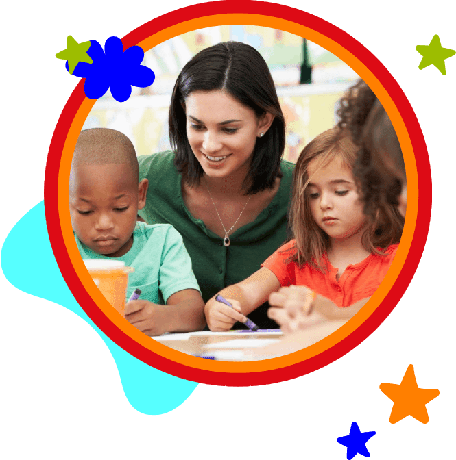 Group of elementary age children in art class with teacher