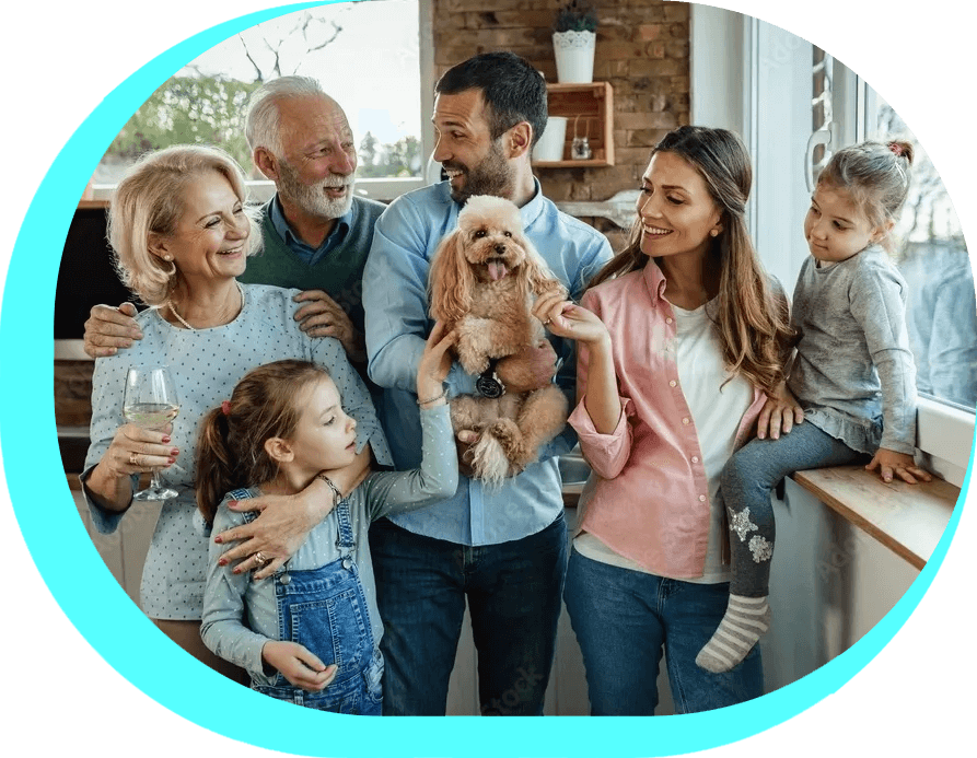 A family of six with one dog in the middle.