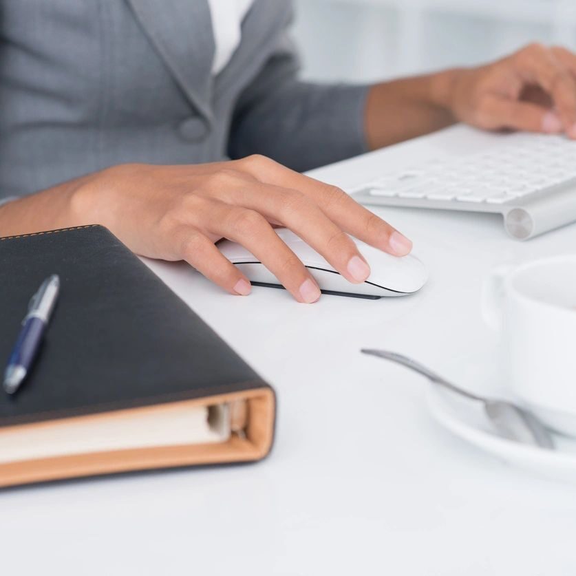 A person sitting at a table with a laptop and mouse.